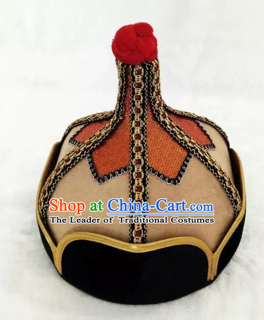 Chinese Traditional Mongol Stage Performance Khaki Hats, Mongolian Folk Dance Headwear for Men