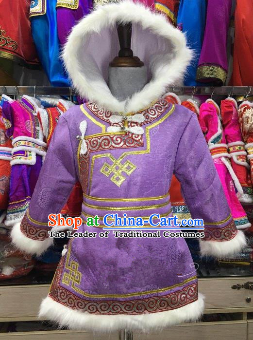 Chinese Traditional Girls Purple Mongolian Robe, China Mongolian Minority Folk Dance Ethnic Costume for Kids