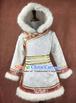 Chinese Traditional Mongol Nationality Girls White Mongolian Robe, China Mongolian Minority Folk Dance Ethnic Costume for Kids