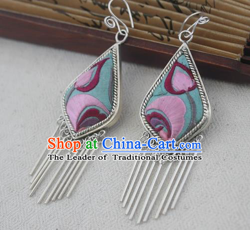 Traditional Chinese Miao Sliver Embroidered Earrings Ornaments Hmong Sliver Eardrop for Women