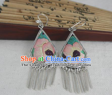 Traditional Chinese Miao Sliver Embroidered Pink Flower Earrings Ornaments Hmong Sliver Eardrop for Women