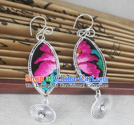 Chinese Miao Sliver Traditional Embroidered Lotus Earrings Hmong Ornaments Minority Headwear for Women