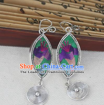 Chinese Miao Sliver Traditional Embroidered Green Earrings Hmong Ornaments Minority Headwear for Women