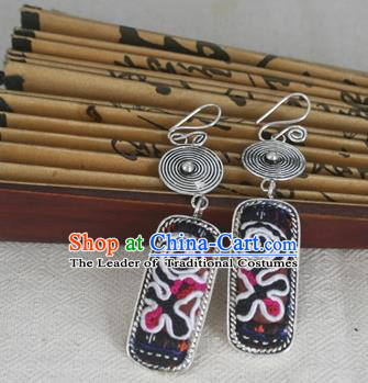 Chinese Miao Sliver Traditional Embroidered Earrings Hmong Ornaments Minority Headwear for Women