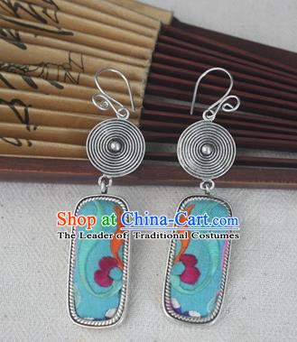 Chinese Miao Sliver Traditional Embroidered Green Earrings Hmong Ornaments Minority Headwear for Women