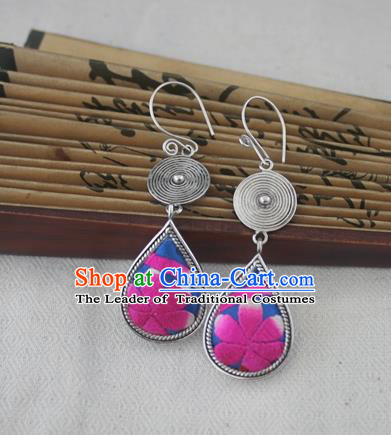 Chinese Miao Sliver Traditional Embroidered Flower Blue Earrings Hmong Ornaments Minority Headwear for Women