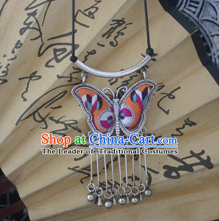 Chinese Miao Sliver Traditional Embroidered Orange Butterfly Necklace Hmong Ornaments Minority Headwear for Women