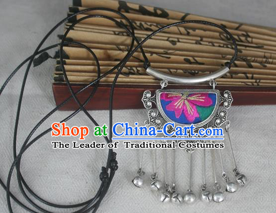 Chinese Miao Sliver Traditional Embroidered Necklace Hmong Ornaments Minority Headwear for Women