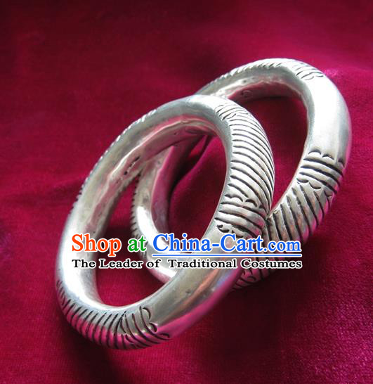 Handmade Chinese Miao Sliver Ornaments Carving Bracelet Traditional Hmong Sliver Bangle for Women