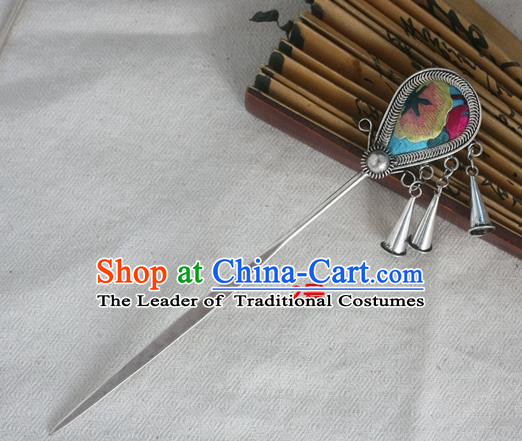 Traditional Chinese Miao Nationality Embroidered Blue Hair Clip Hanfu Sliver Hairpins Hair Accessories for Women