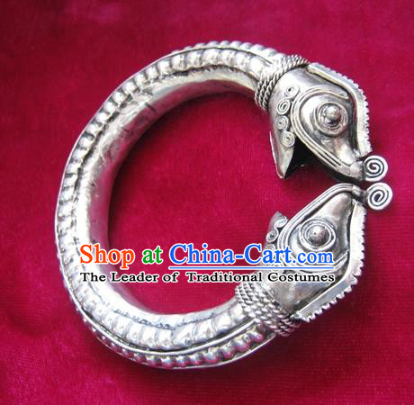 Handmade Chinese Miao Nationality Mandarin Duck Bracelet Traditional Hmong Sliver Bangle for Women