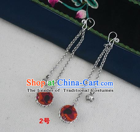 Traditional Chinese Miao Sliver Embroidered Orange Earrings Hmong Ornaments Minority Headwear for Women