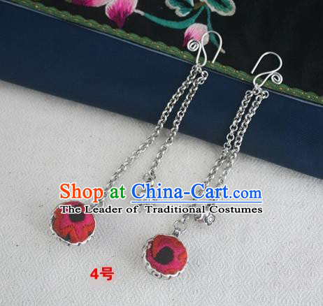 Traditional Chinese Miao Sliver Embroidered Rosy Earrings Hmong Ornaments Minority Headwear for Women