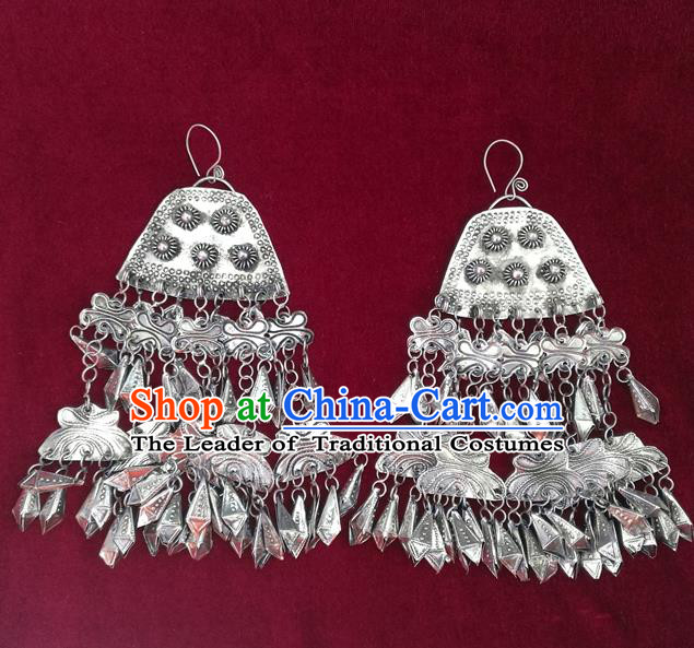 Traditional Chinese Miao Sliver Tassel Earrings Hmong Ornaments Minority Headwear for Women