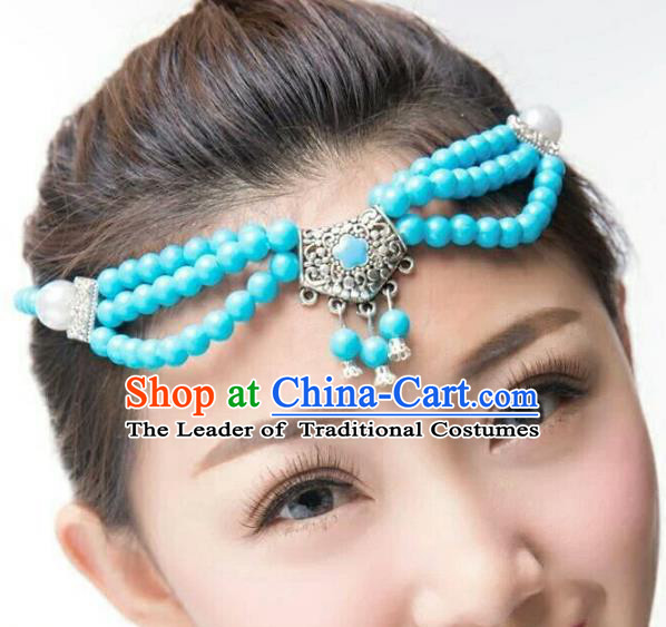 Chinese Traditional Mongol Stage Performance Blue Beads Hair Accessories, Mongolian Folk Dance Headwear for Women