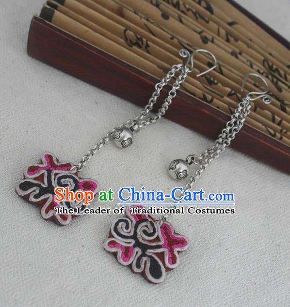 Chinese Miao Sliver Traditional Embroidered Earrings Hmong Ornaments Minority Headwear for Women