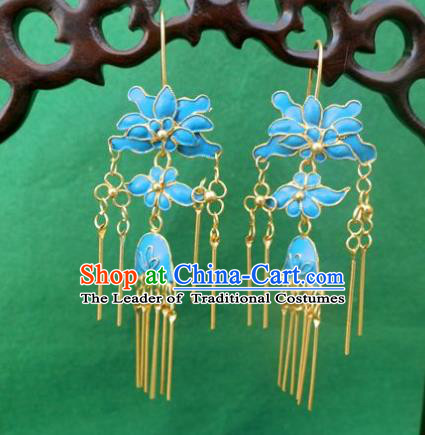 Chinese Traditional Ornaments Accessories Ancient Miao Minority Blue Lotus Earrings for Women