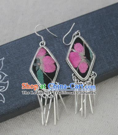 Chinese Traditional Miao Sliver Embroidered Earrings Hmong Ornaments Accessories Minority Eardrop for Women