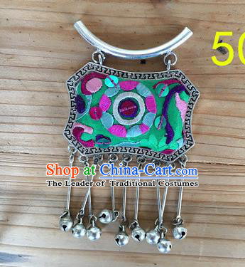 Chinese Traditional Miao Sliver Ornaments Accessories Longevity Lock Embroidered Green Necklace Pendant for Women