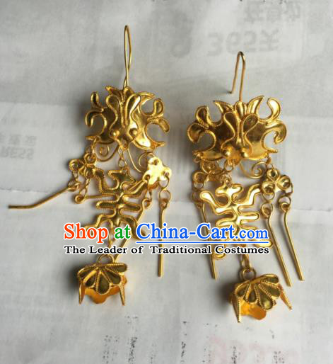 Chinese Traditional Ornaments Accessories Ancient Miao Minority Golden Earrings for Women