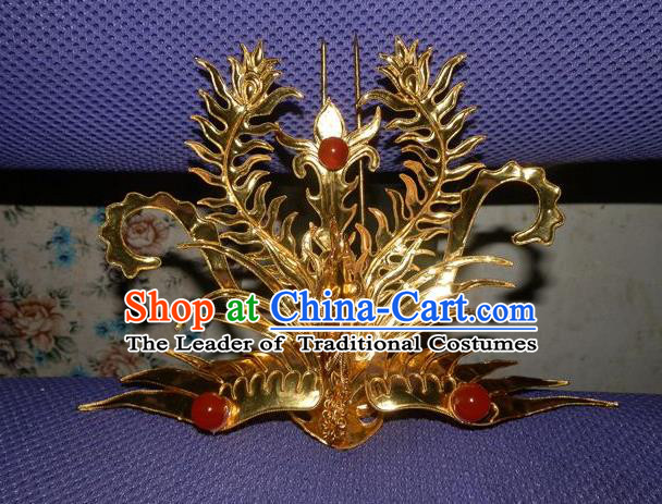 Chinese Traditional Miao Nationality Hair Accessories Golden Phoenix Hairpins Wedding Headwear for Women