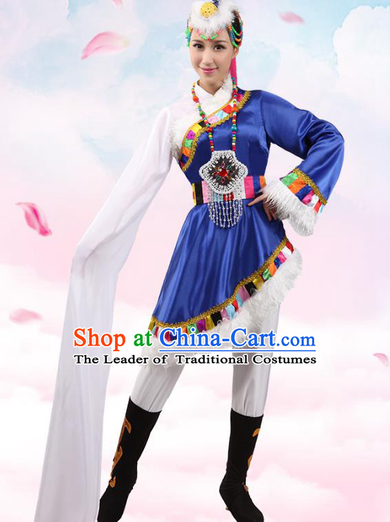 Traditional Chinese Zang Ethnic Dance Blue Dress, China Tibetan Minority Folk Dance Costume and Headwear for Women