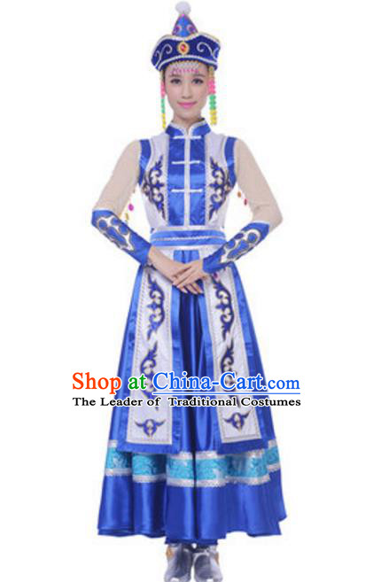 Traditional Chinese Mongol Ethnic Blue Dress, Mongolian Minority Folk Dance Costume and Headwear for Women