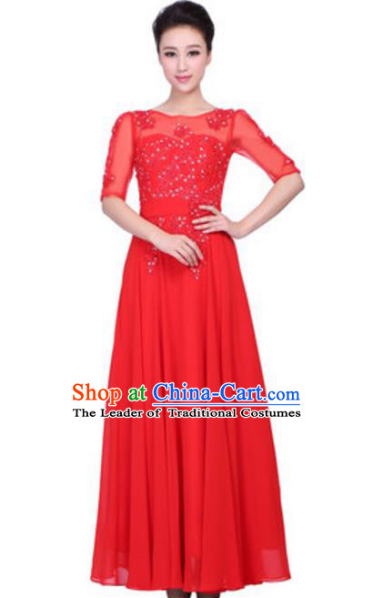 Top Grade Chorus Singing Group Embroidered Lace Full Dress, Compere Classical Dance Red Costume for Women