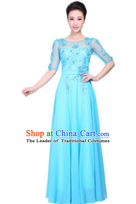 Top Grade Chorus Singing Group Embroidered Lace Full Dress, Compere Classical Dance Blue Costume for Women