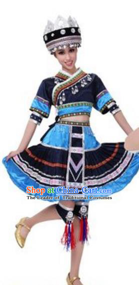 Traditional Chinese Miao Ethnic Dance Dress, China Hmong Minority Folk Dance Costume and Headwear for Women