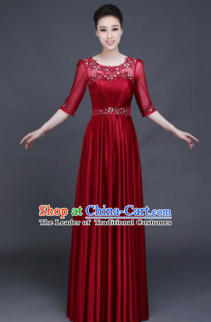 Top Grade Chorus Group Wine Red Full Dress, Compere Stage Performance Classical Dance Choir Costume for Women