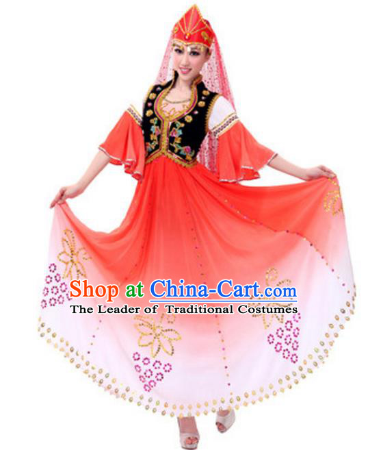 Traditional Chinese Uyghur Nationality Dancing Costume and Hat, China Uigurian Minority Folk Dance Ethnic Pleated Skirt for Women