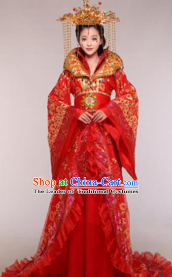 Traditional Chinese Ancient Queen Red Costume Tang Dynasty Empress Historical Clothing and Headpiece Complete Set