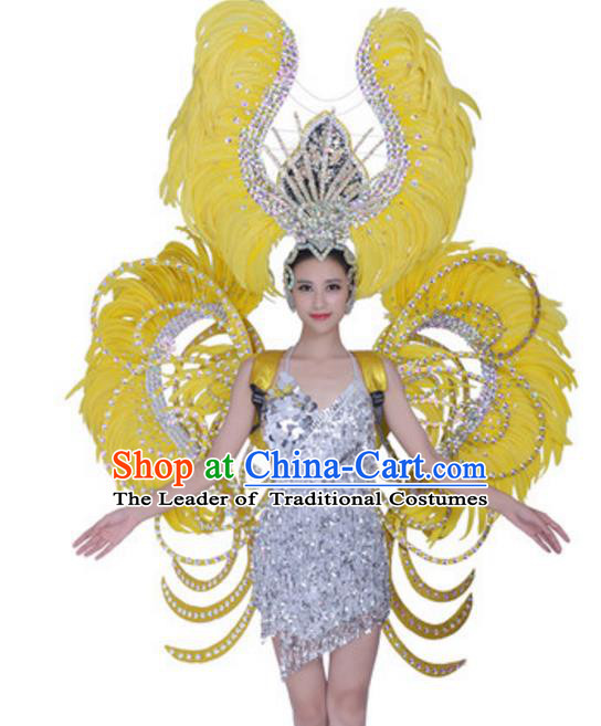 Top Grade Modern Dance Props Stage Show Brazil Parade Giant Yellow Feather Wings and Headpiece for Women