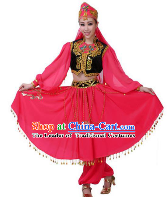 Traditional Chinese Uigurian Nationality Rosy Dress, China Uyghur Ethnic Dance Costume and Headwear for Women