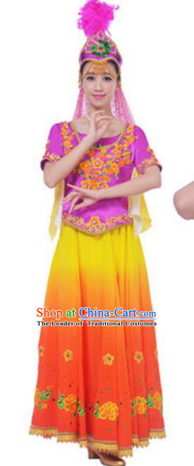 Traditional Chinese Uigurian Nationality Yellow Dress, China Uyghur Ethnic Dance Costume and Headwear for Women