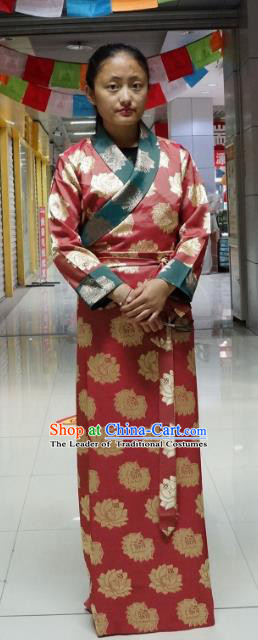 Chinese Traditional Zang Nationality Red Brocade Dress, China Tibetan Heishui Dance Costume for Women