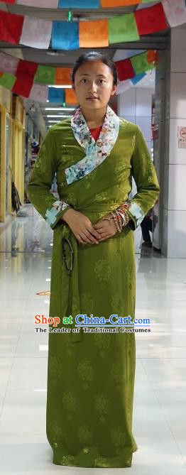 Chinese Traditional Zang Nationality Green Dress, China Tibetan Heishui Dance Costume for Women