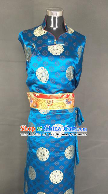 Chinese Traditional Zang Nationality Dress, China Tibetan Heishui Dance Blue Brocade Costume for Women