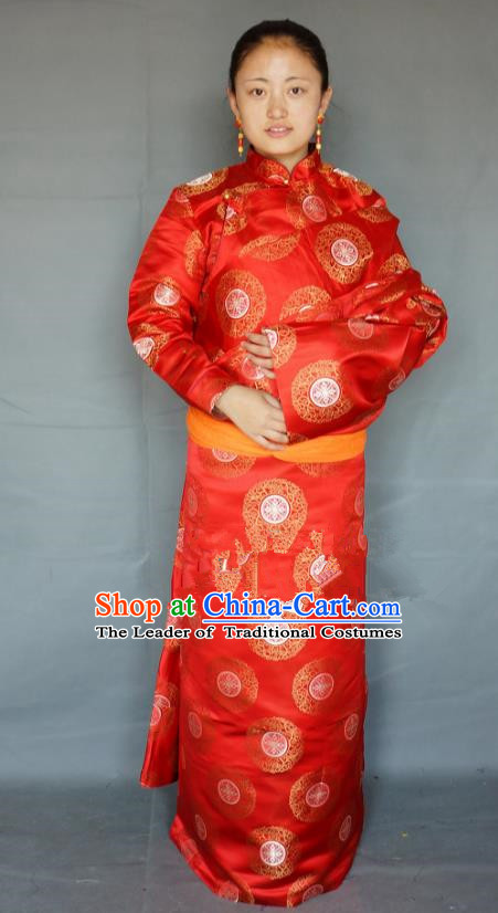Chinese Traditional Zang Nationality Clothing Red Tibetan Robe, China Tibetan Ethnic Heishui Dance Costume for Women
