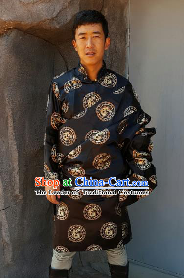 Chinese Traditional Zang Nationality Costume Black Brocade Tibetan Robe, China Tibetan Ethnic Clothing for Men