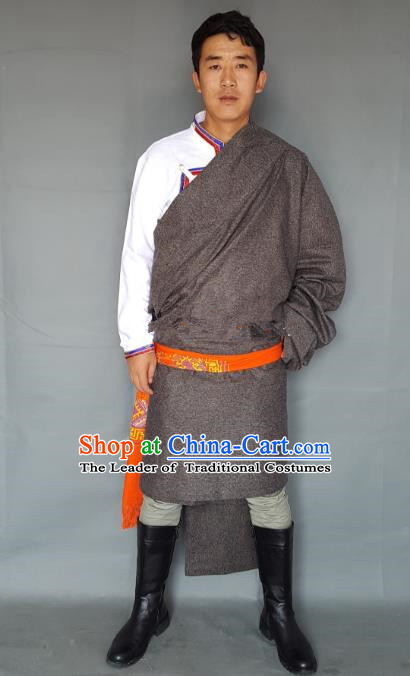 Chinese Traditional Zang Nationality Costume Grey Tibetan Robe, China Tibetan Ethnic Clothing for Men