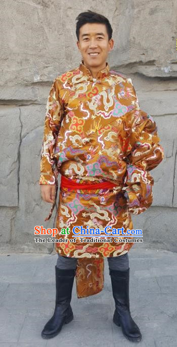 Chinese Traditional Zang Nationality Costume, China Tibetan Ethnic Golden Dragons Brocade Robe for Men