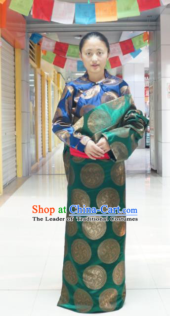 Chinese Traditional Zang Nationality Green Tibetan Robe, China Tibetan Ethnic Heishui Dance Costume for Women