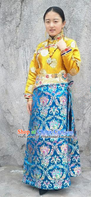 Chinese Traditional Zang Nationality Blue Brocade Bust Skirt, China Tibetan Heishui Dance Costume for Women