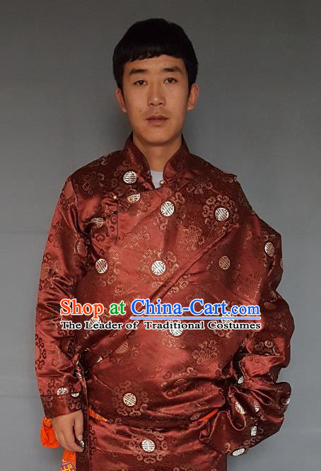 Chinese Traditional Zang Nationality Costume Purplish Red Tibetan Robe, China Tibetan Ethnic Embroidered Clothing for Men