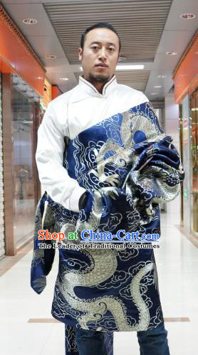 Chinese Traditional Zang Nationality Costume Blue Brocade Tibetan Robe, China Tibetan Ethnic Clothing for Men