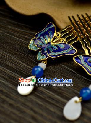 Chinese Traditional Ancient Hair Accessories Hanfu Hairpins Cloisonne Butterfly Hair Comb Headwear for Women