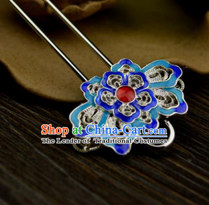 Chinese Traditional Ancient Hair Accessories Hanfu Hairpins Cloisonne Blueing Lotus Hair Clip Headwear for Women