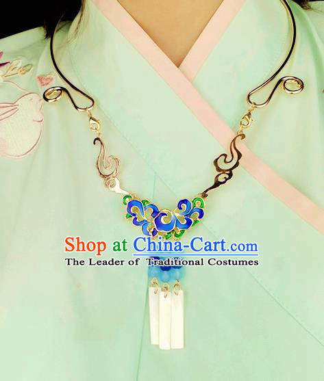 Chinese Traditional Ancient Longevity Lock Accessories Hanfu Blueing Lotus Golden Necklace for Women